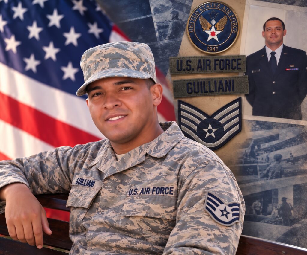 Alexis Guilliani, U.S. Air Force veteran and New Jersey real estate agent, in military uniform with American flag and Air Force insignia, providing real estate services for veterans and military families.