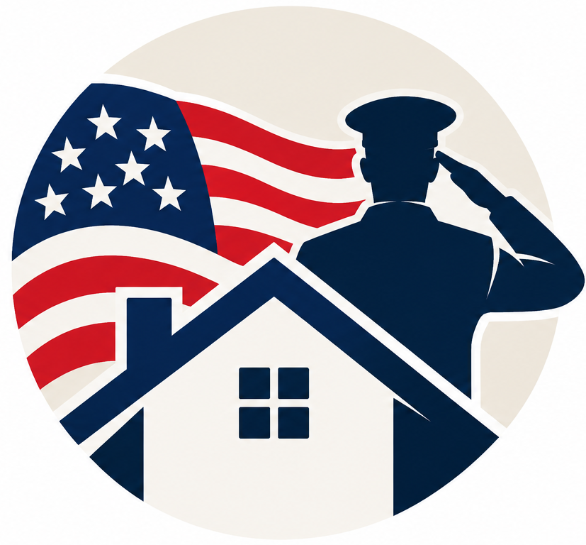 Military and Veterans Real Estate Services in New Jersey icon featuring an American flag, a saluting service member, and a house symbolizing veteran homeownership.